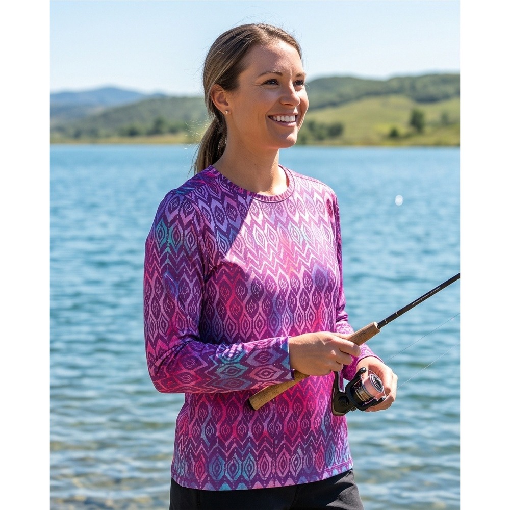 Reel Legends L Freeline Women's Large Pink Purple Ikat Performance Fishing Shirt